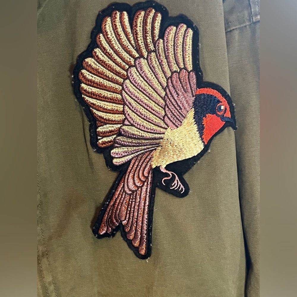H&M Boxy Olive Green Military Jacket with Embroidered Bird, Rose & Snake Patches - Picture 11 of 14